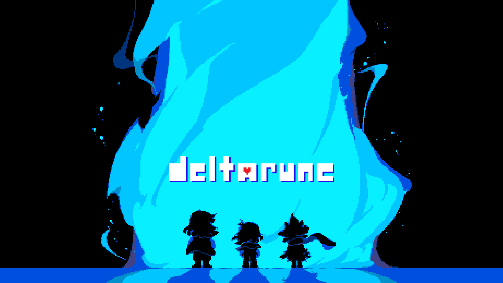 Deltarune Art. The three main characters standing before the light of a pillar of blue fire